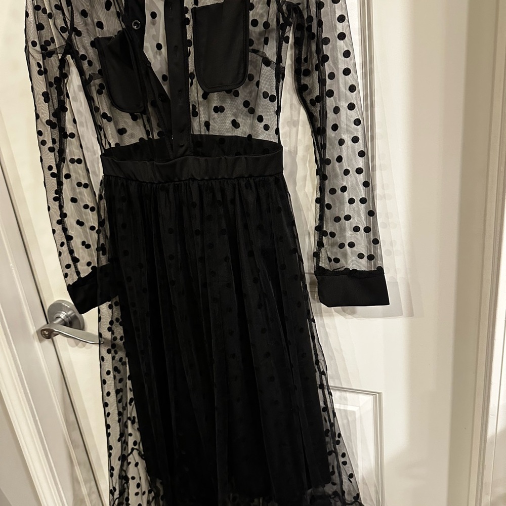 Black Sheer Polka Dot Long-Sleeve Maxi Dress – Size S - Picture 5 of 8